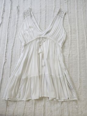 White Boho Tassel V-Neck Tunic Bathing Suit Beach Cover Up Dress S
